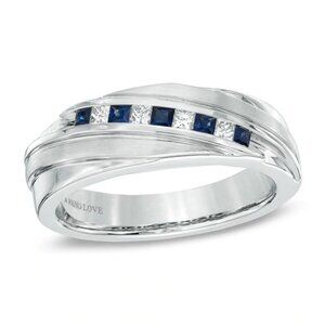 Vera Wang Love Collection Men's Blue Sapphire and Diamond Slant Band